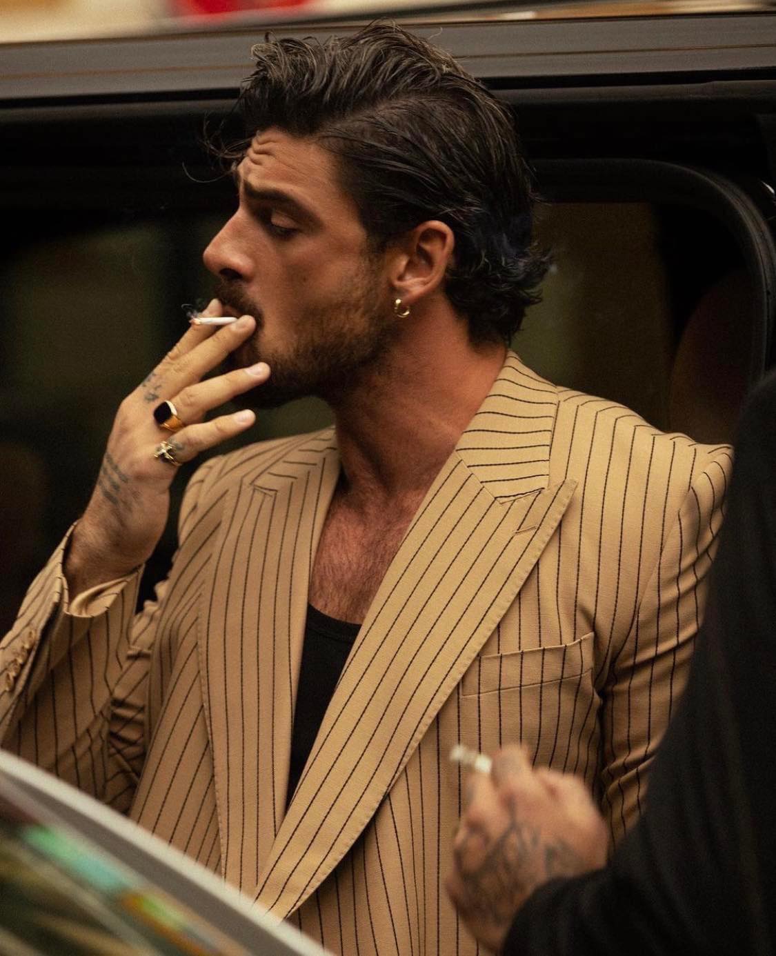 Style Focus: Michele Morrone in Caramel Stripe Wool Suits