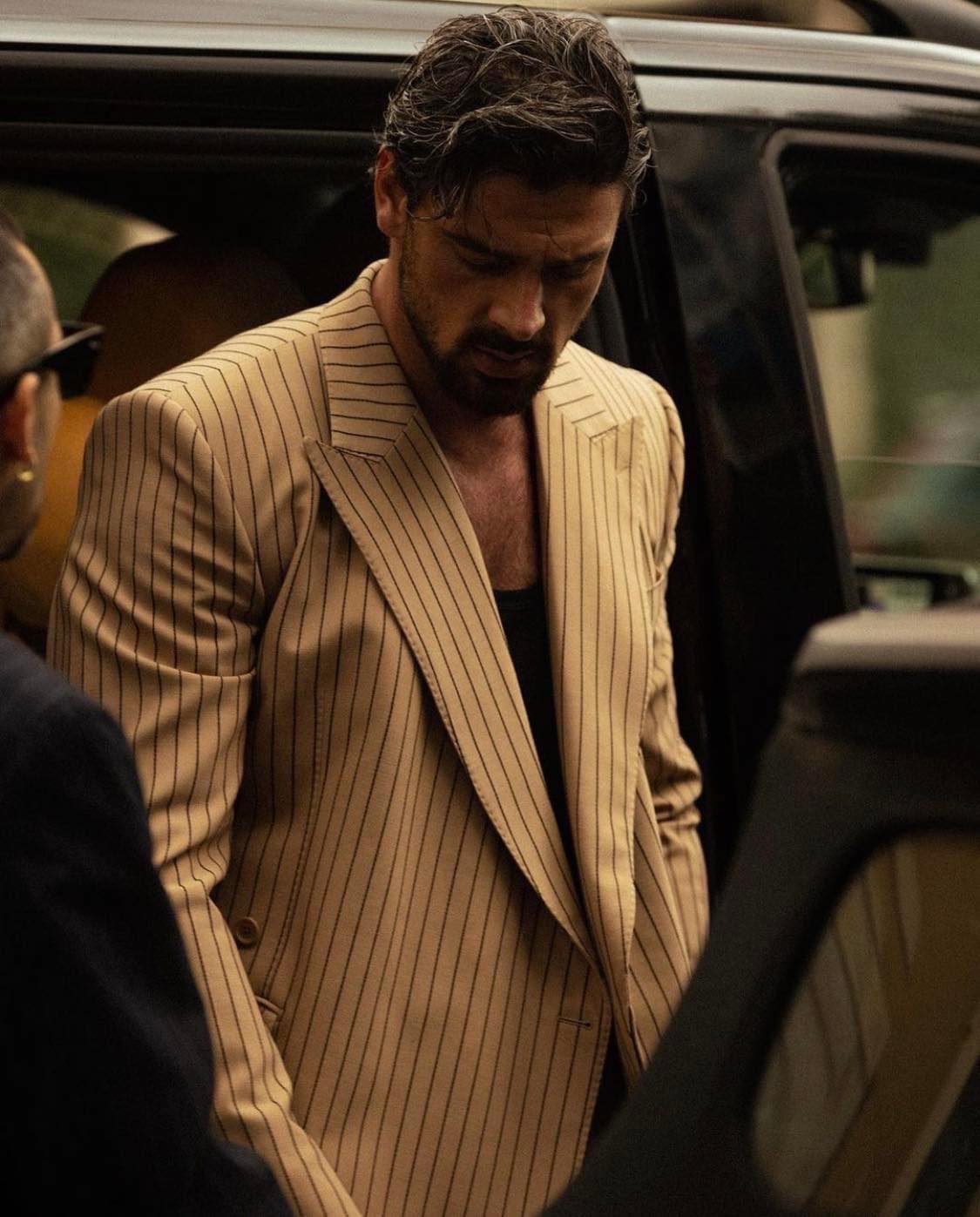 Style Focus: Michele Morrone in Caramel Stripe Wool Suits