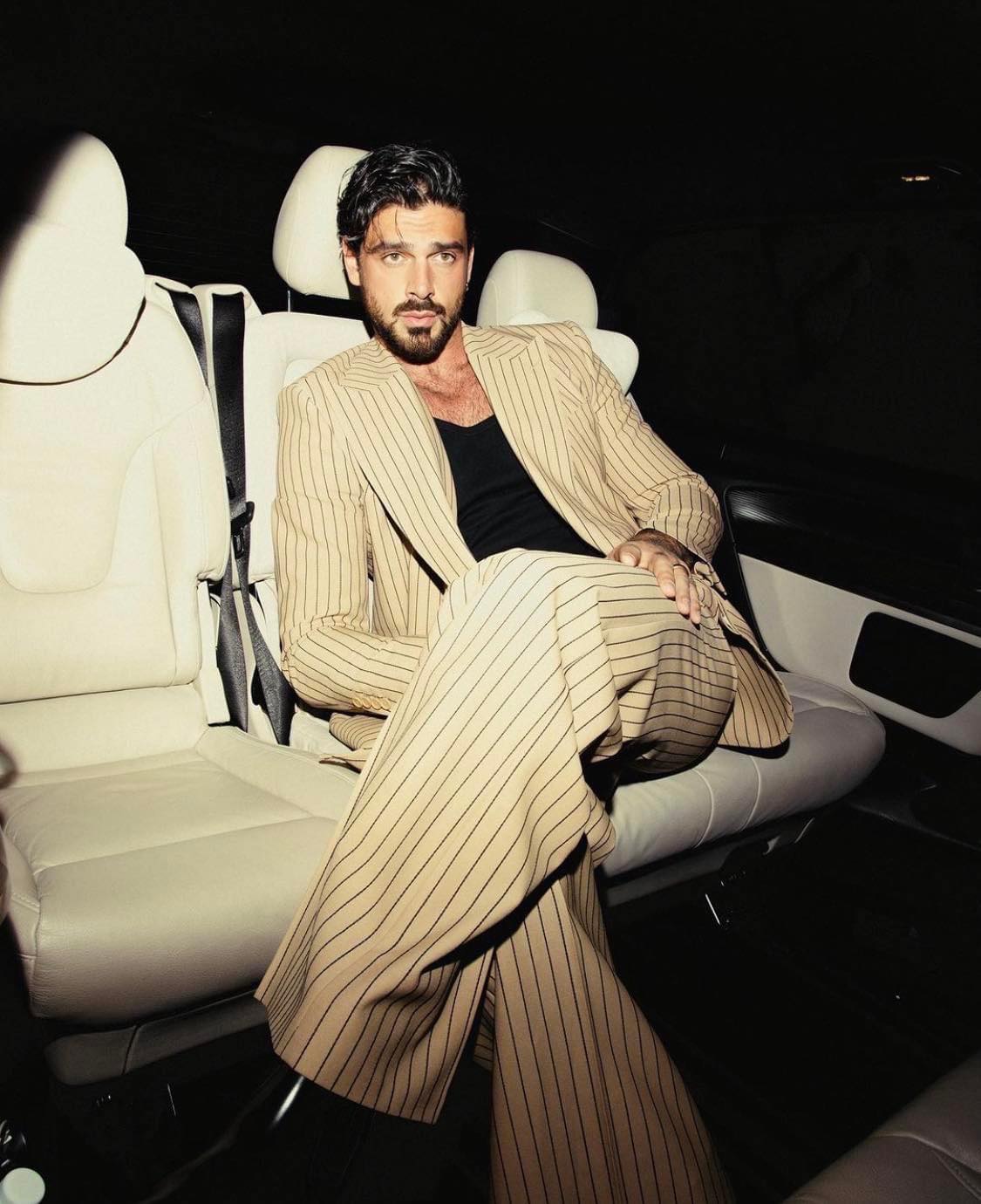 Style Focus: Michele Morrone in Caramel Stripe Wool Suits