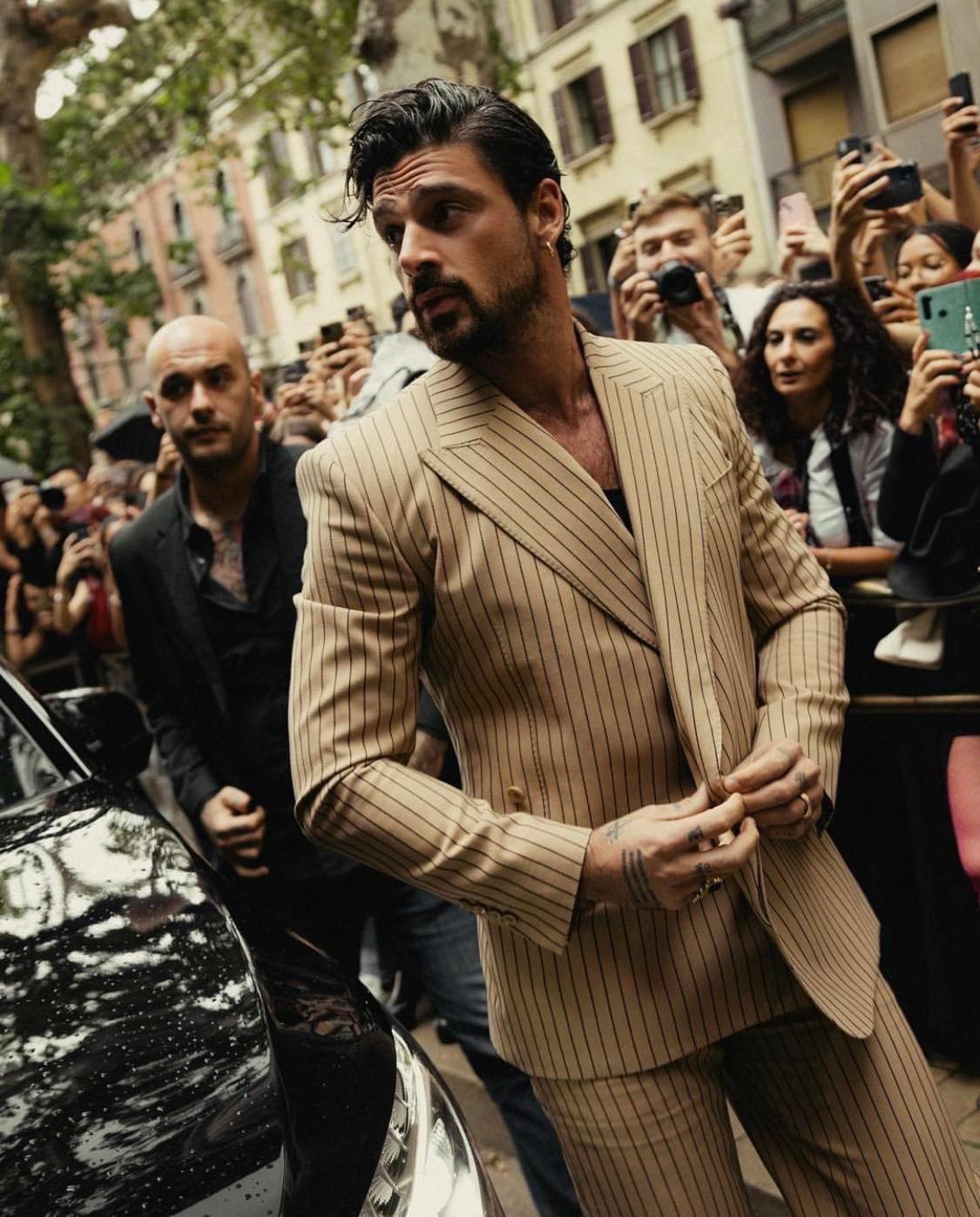 Style Focus: Michele Morrone in Caramel Stripe Wool Suits