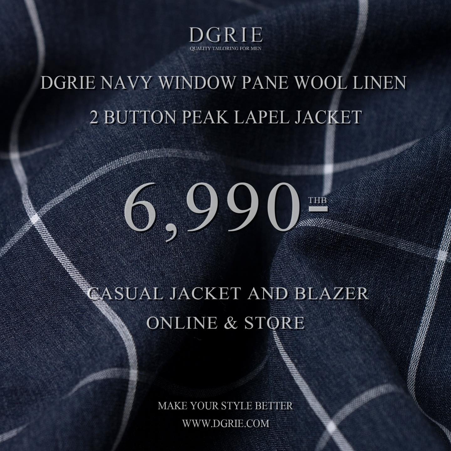 เสื้อสูท ลำลอง ลายตาราง Navy Windowpane Wool Linen Casual Blazer