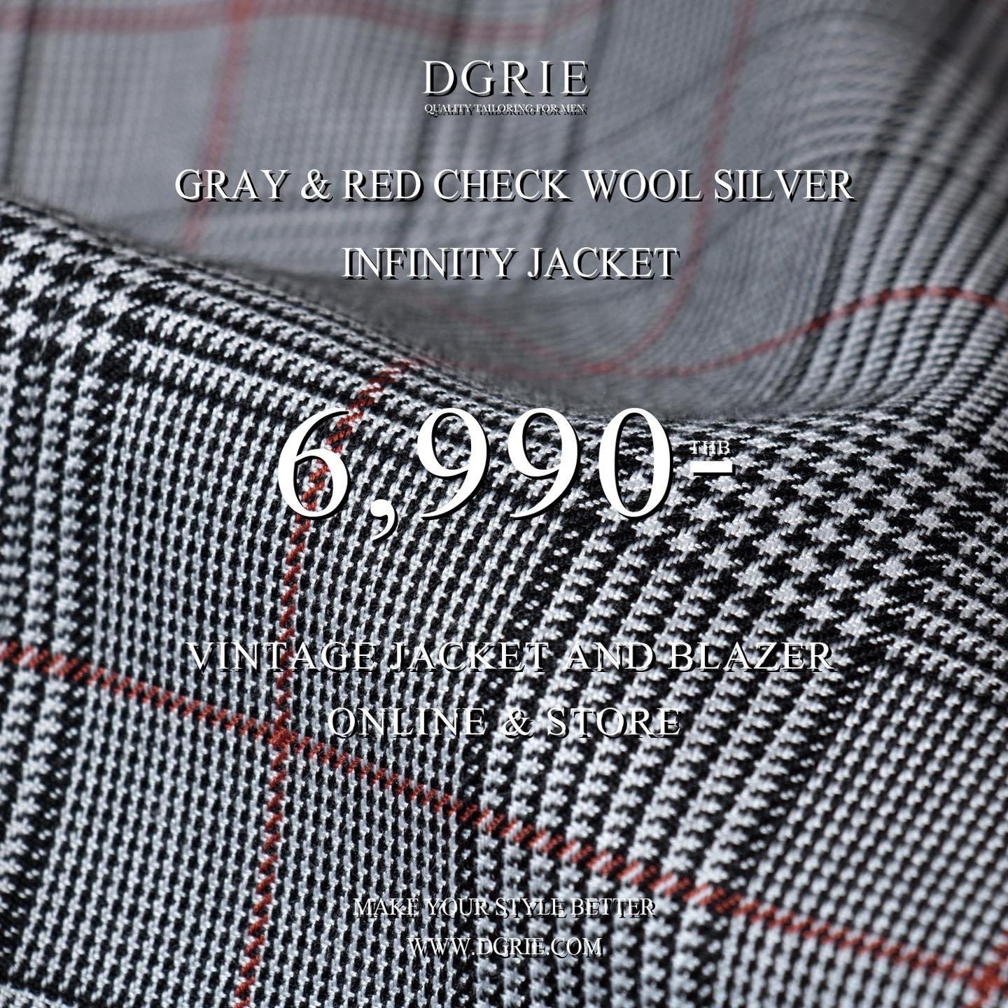 เสื้อสูทสีเทา ตาราง Grey & Red Check Wool Blend Infinity Jacket