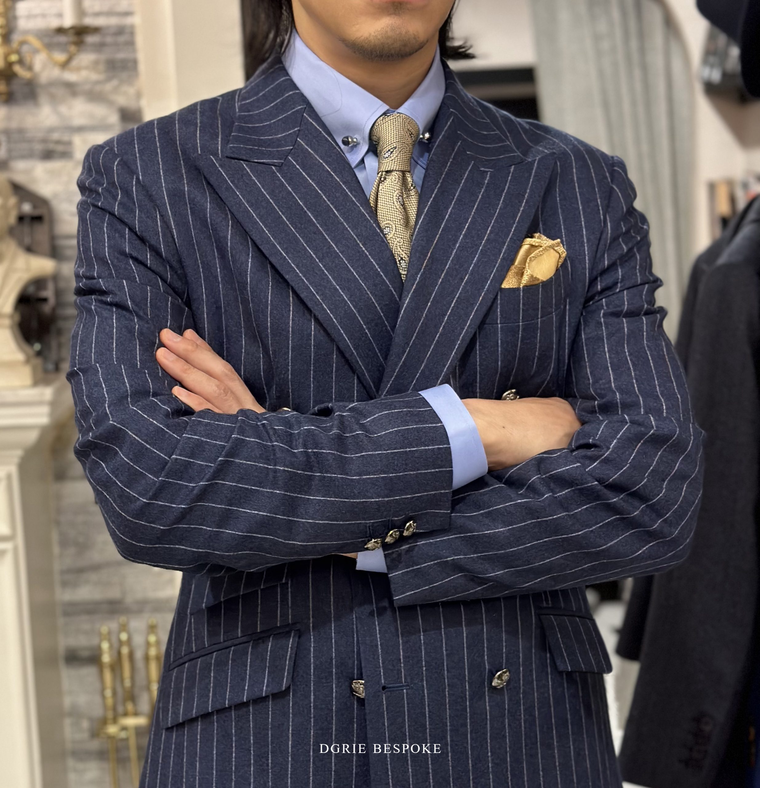 ตัดสูทสีน้ำเงินลายทาง Bespoke Italy Flannel PinStripe DB Suit