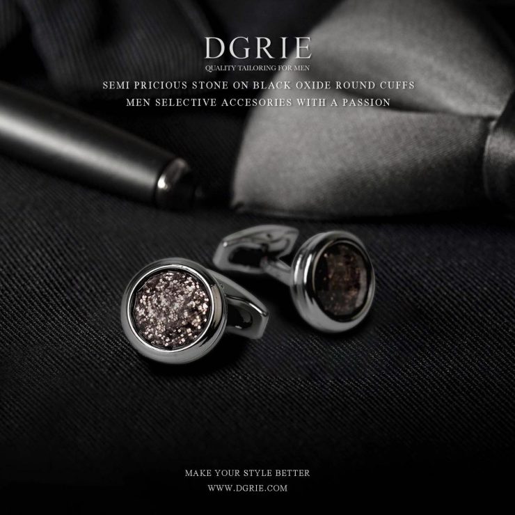 คัฟลิงค์ DGRIE Grey Spinel Stone Place Round Black Oxide Cufflinks