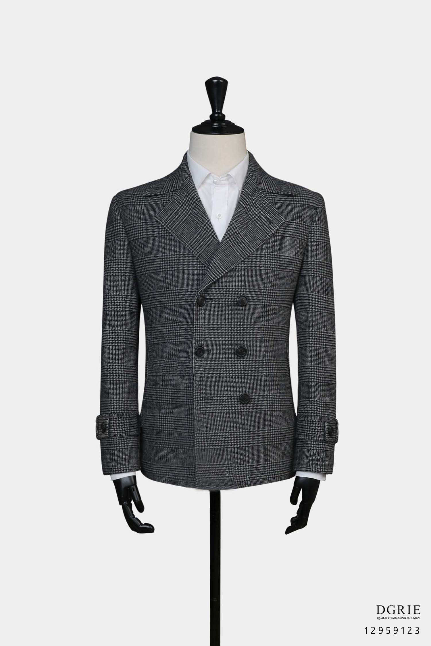 พีโค้ท สีเทา เสื้อโค้ท ลายตาราง Dark Gray Glen Check 6 Botton Melton Wool Pea Coat