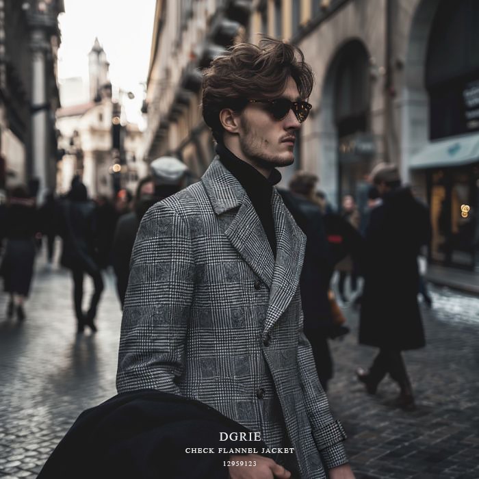 พีโค้ท สีเทา เสื้อโค้ท ลายตาราง Dark Gray Glen Check 6 Botton Melton Wool Pea Coat