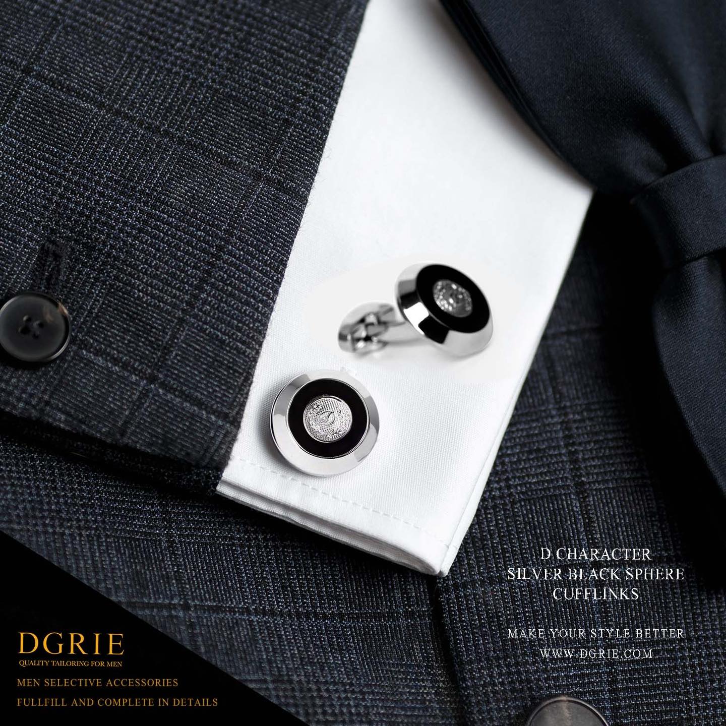 คัฟลิงค์ D Silver/Black Sphere Cufflinks - DGRIE