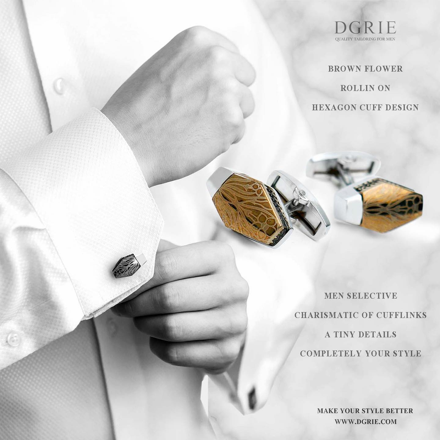 DGRIE Vintage Brown Flower Hexagon shape Cufflinks