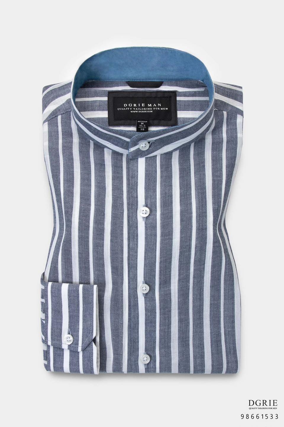 เสื้อเชิ้ต Two Tone Navy White Linen Band Collar - DGRIE