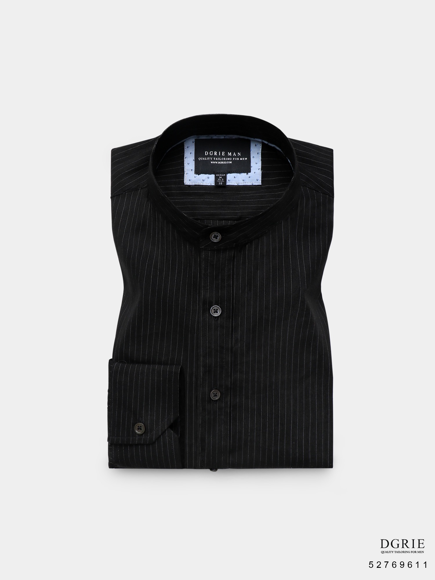 เชิ้ตลินินสีดำคอจีน White Stripe Linen Mandalin Collar Shirt