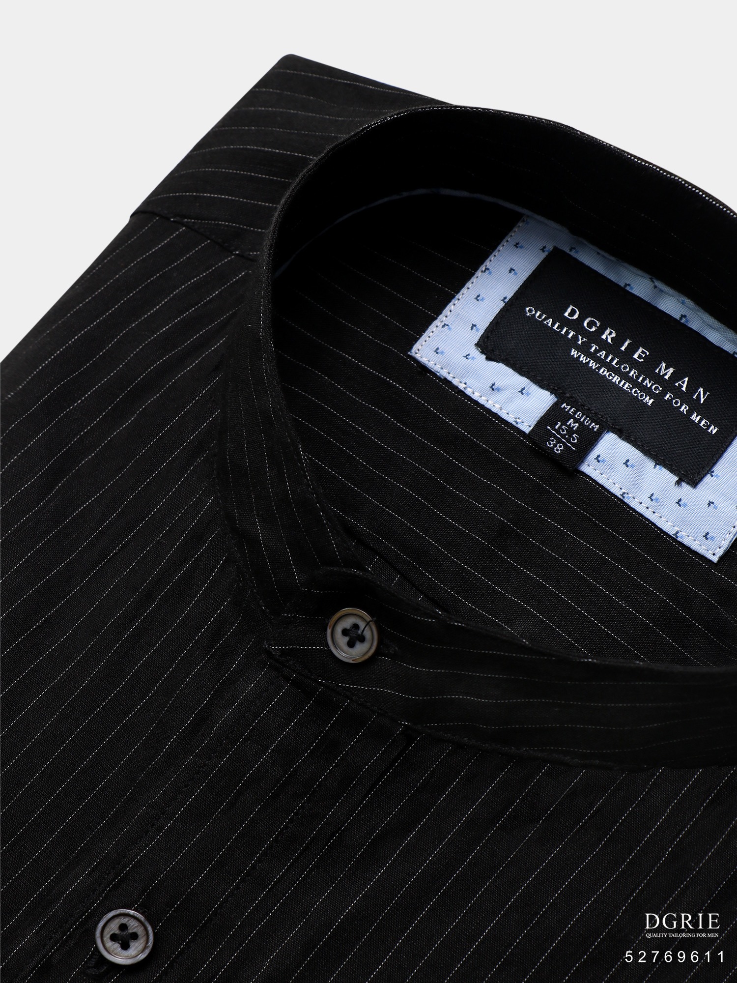 เชิ้ตลินินสีดำคอจีน White Stripe Linen Mandalin Collar Shirt
