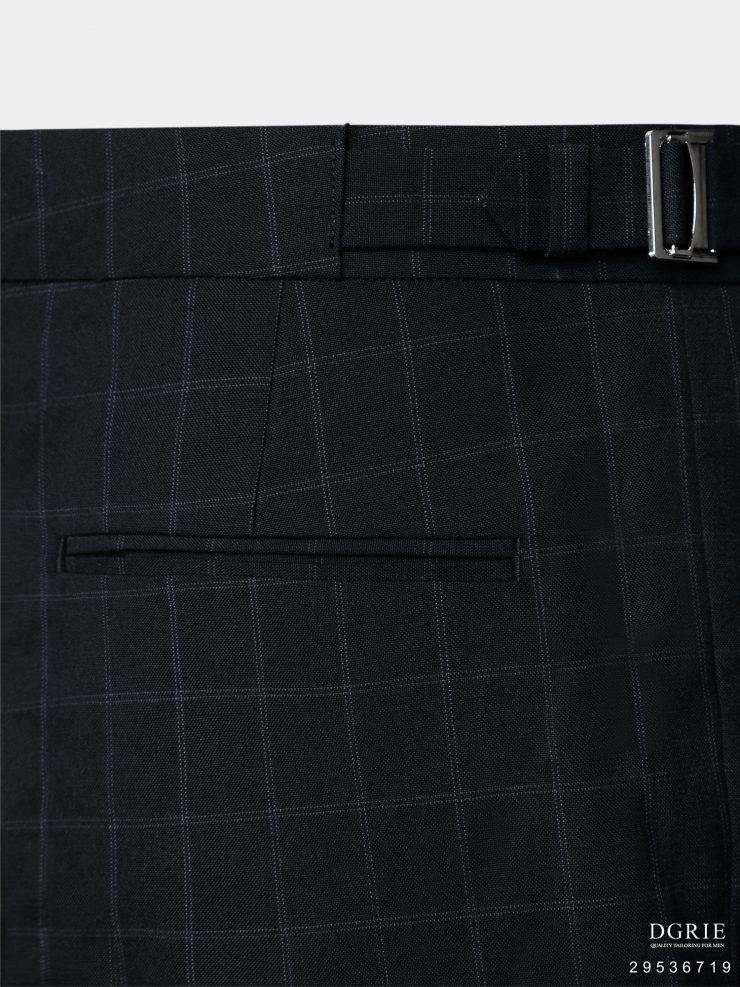 กางเกงวินเทจทรงเข้ารูป Window Check Navy Blue Buckel Pants