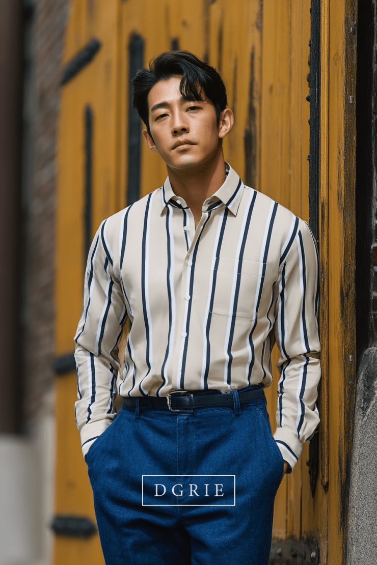 เสื้อเชิ้ตลายทางสีครีม Double Stripe 2 Tone Light Beige Shirts