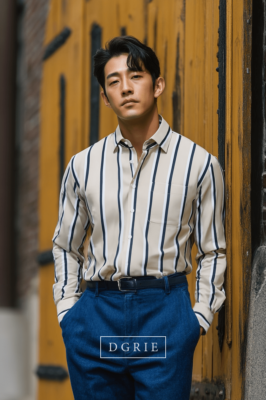 เสื้อเชิ้ตลายทางสีครีม Double Stripe 2 Tone Light Beige Shirts