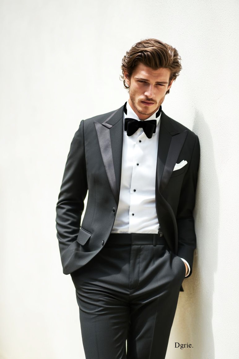 ตัดสูททักซิโด้ Black Tuxedo Classic Peak Lapel Satin Trim