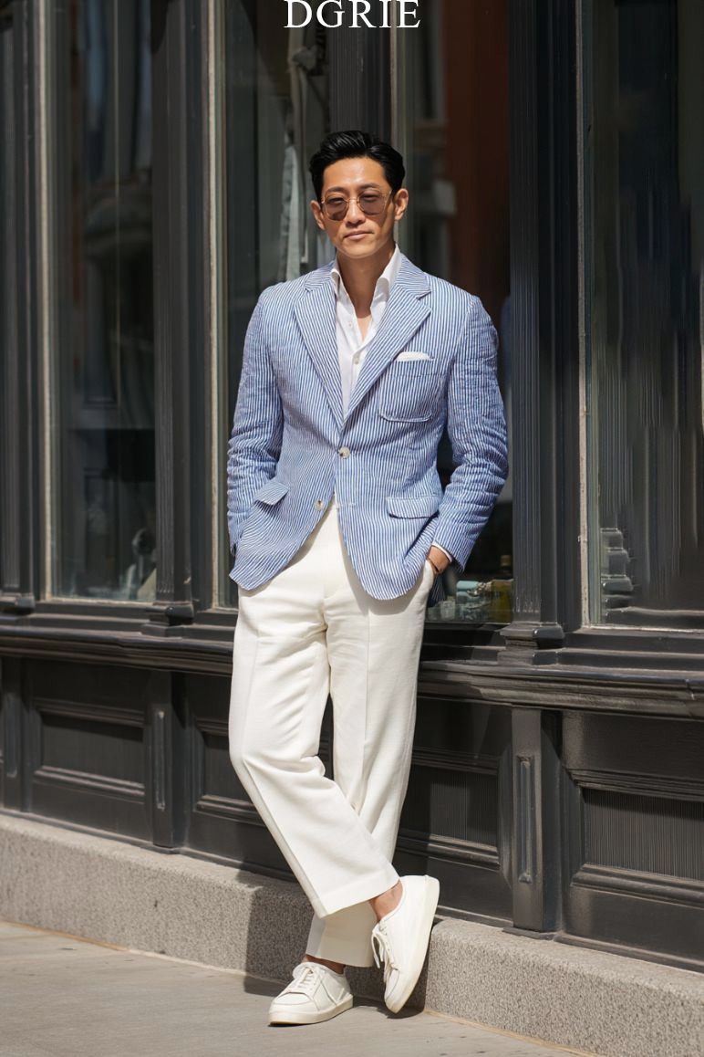seersucker jacket blue copy เสื้อสูท Blue Seersucker Stripes Notch Lapel Unlining Sport Jacket