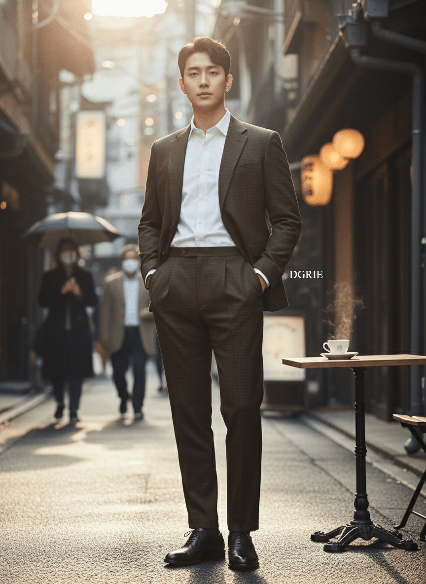 กางเกงผู้ชาย Bronze Olive Micro Houndstooth Wool & Satin B/W Pants