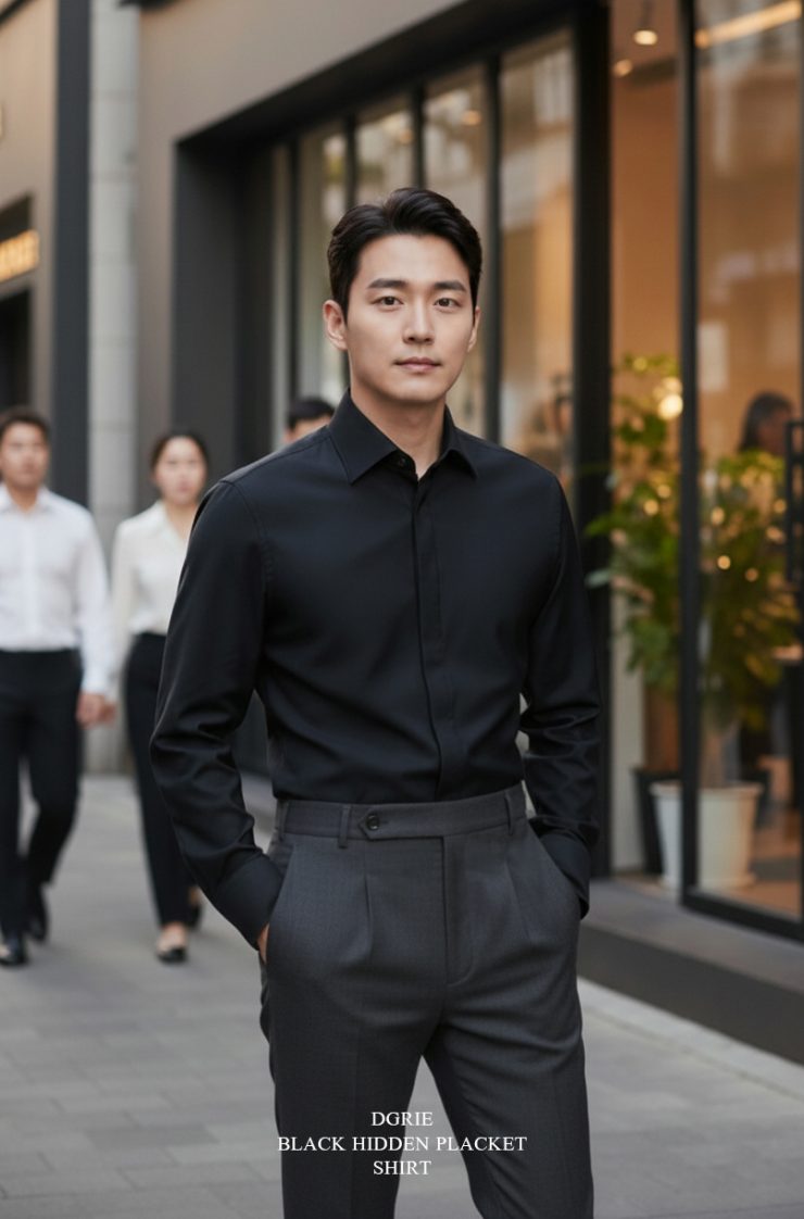 เสื้อเชิ้ตสีดำสาบซ่อนกระดุม Black Cotton Spandex Hidden Placket Spread Collar Shirt