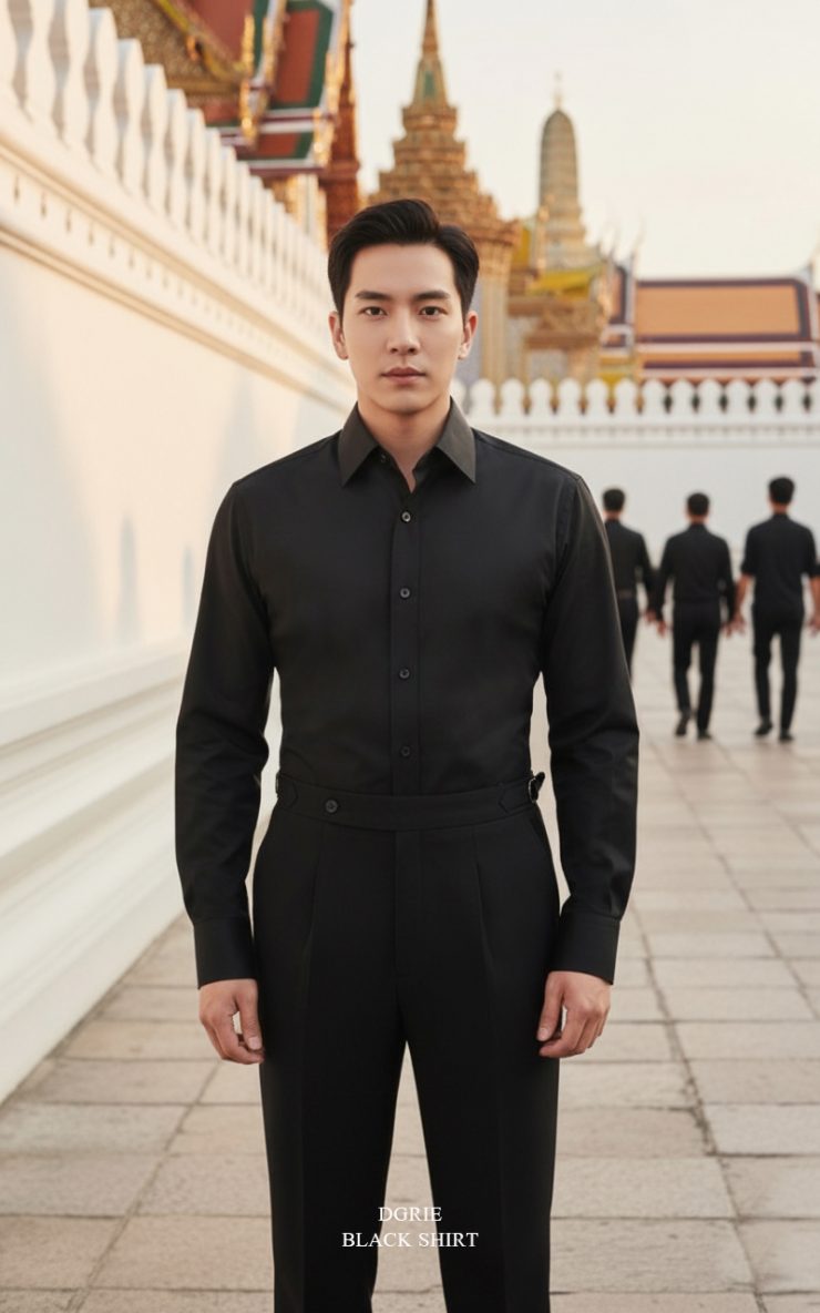 เสื้อเชิ้ตสีดำ - Super Black Cotton MOP Button Spread Collar Shirt