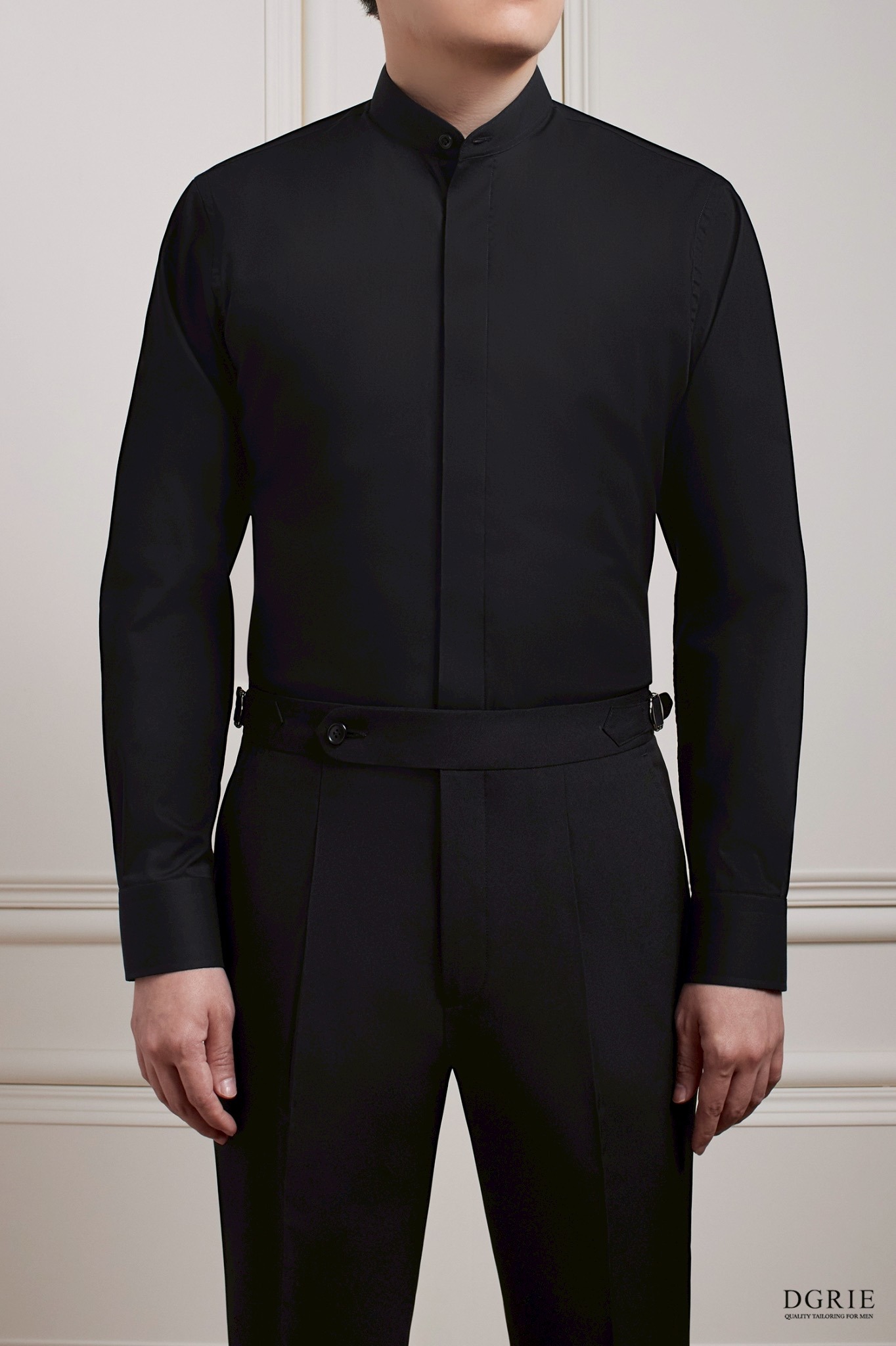 เสื้อเชิ้ตคอจีนสีดำ Noir Black B/N Mandarin Collar Cotton Shirt