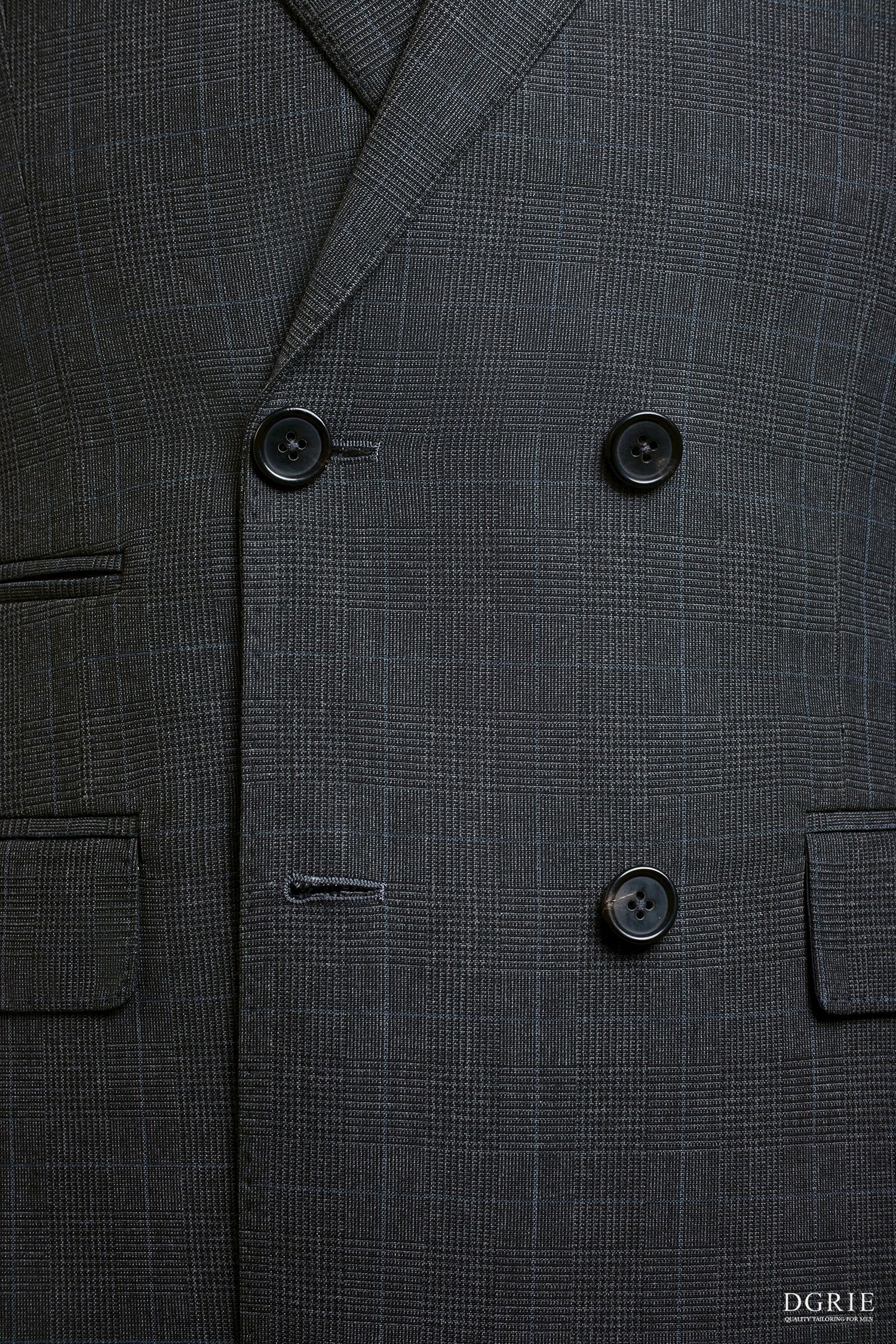 Dark Gray Wool Glen Check Double-Breasted Peak Lapel Jacket