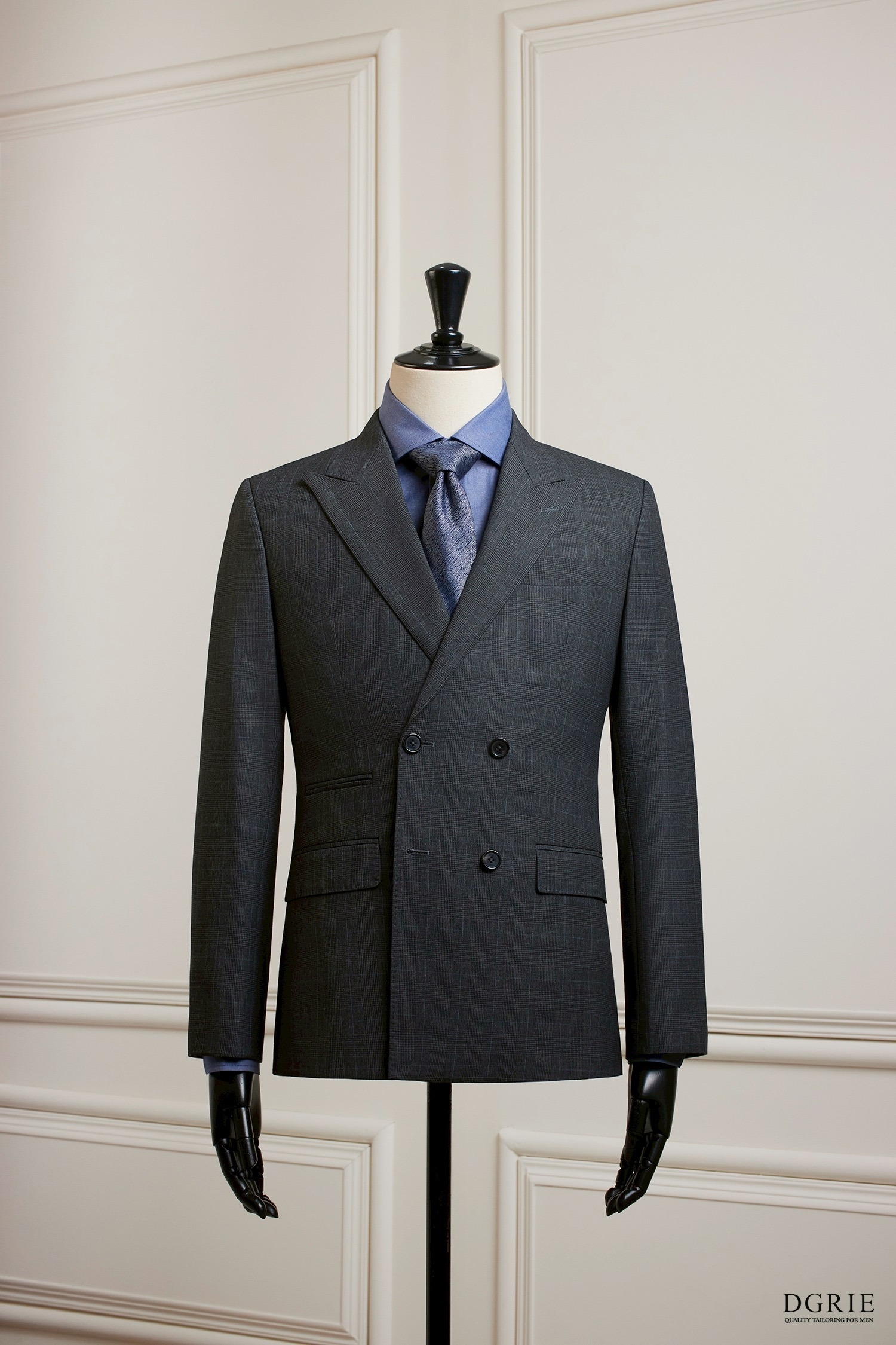 Dark Gray Wool Glen Check Double-Breasted Peak Lapel Jacket