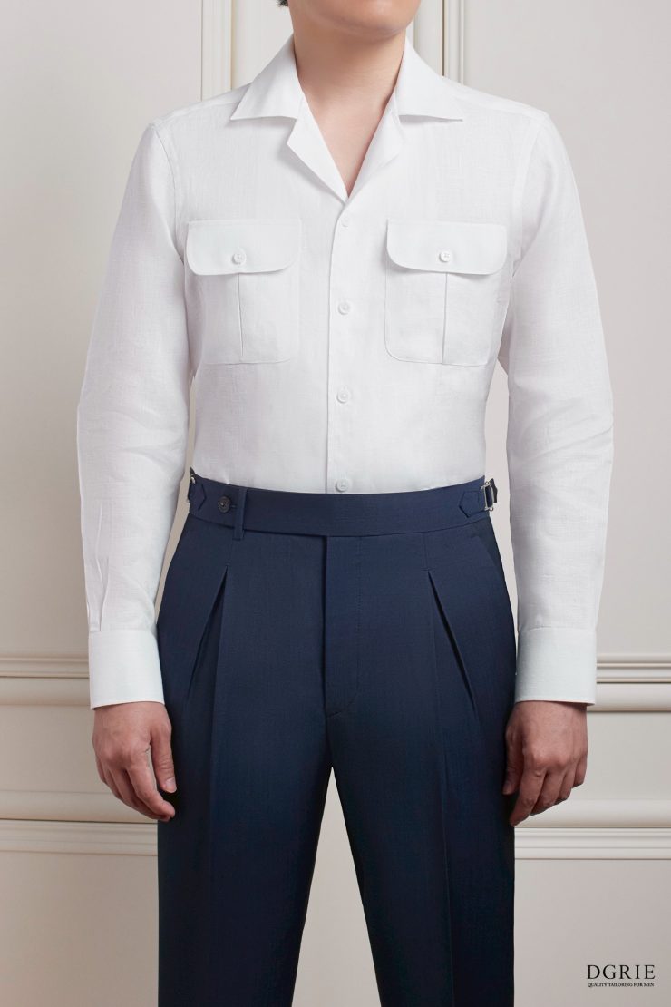 DGRIE Classic Box Pleat Flap Pocket Plain Linen Shirts