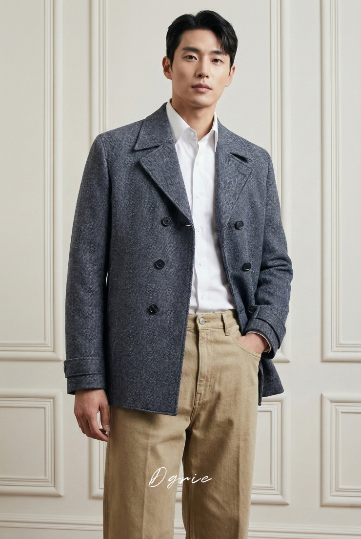 เสื้อโค้ทกันหนาว PeaCoat Dark Gray Herringbone 6 Botton Flannel Wool