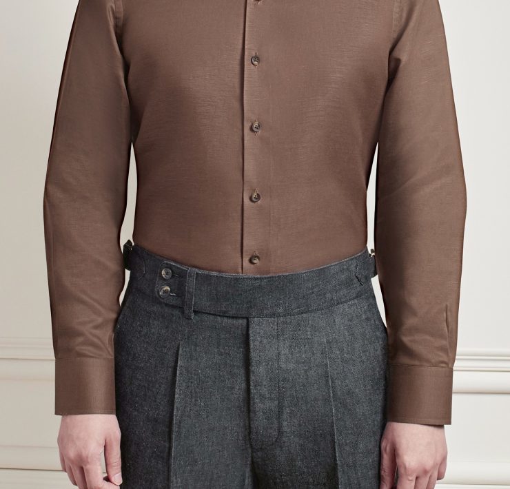 Brown Tencel linen Tortoise Shell Buttons Cutaway Collar Shirt