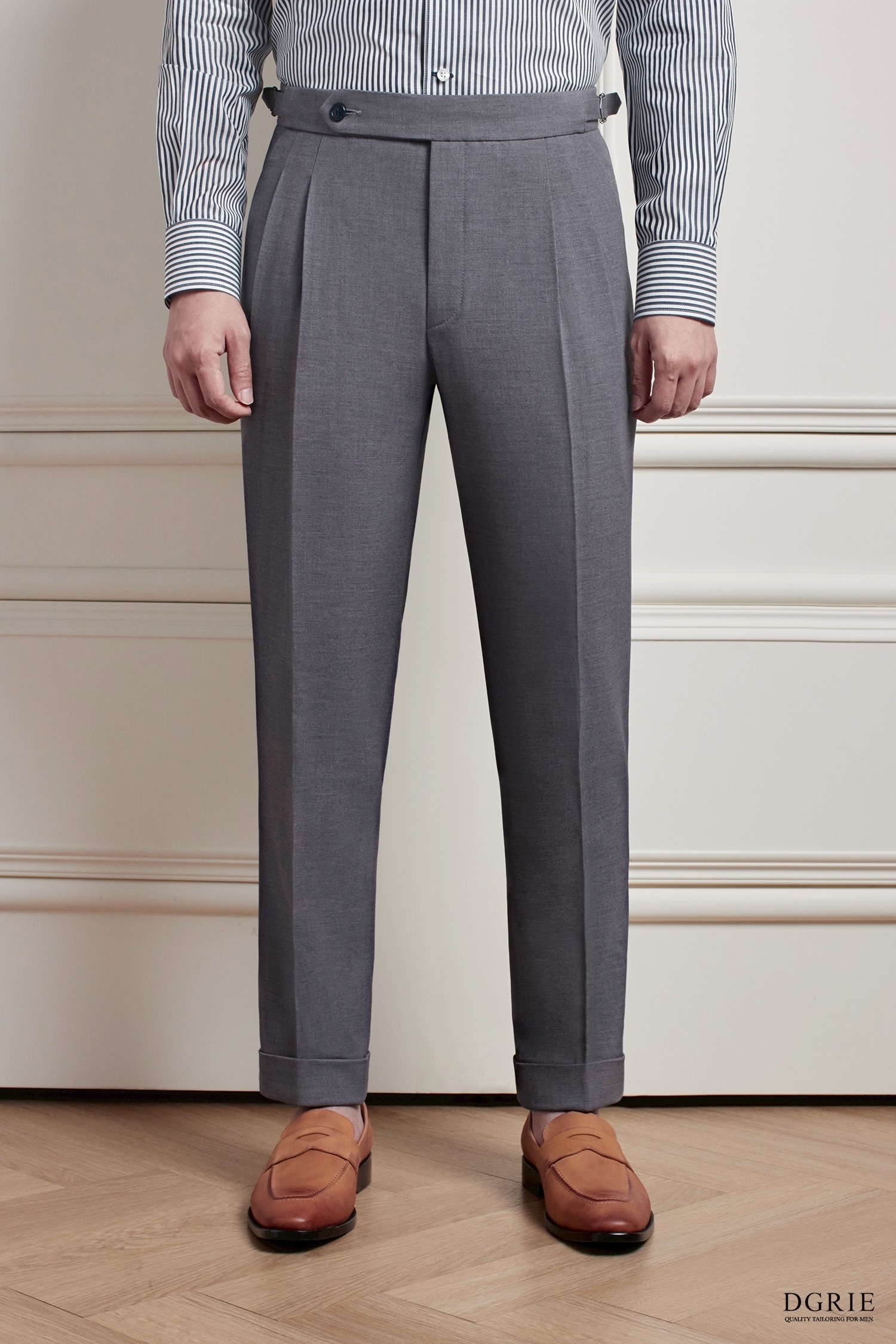 กางเกง - Smoke Gray Buckle Belt Blend Wool Pants