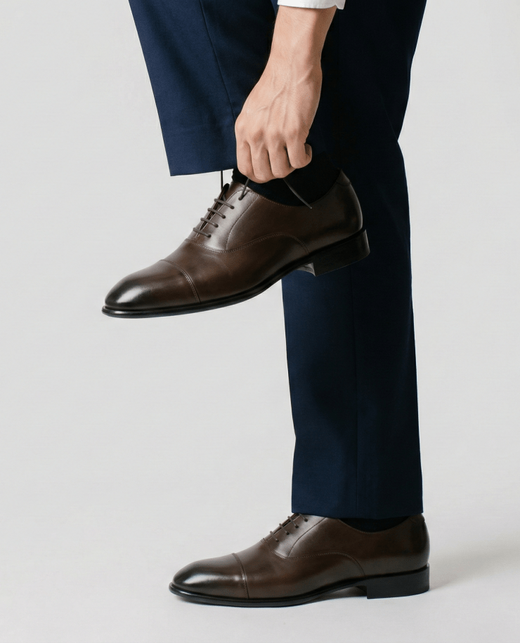 Navy Pants - Brown Round Cap Toe Oxford Shoes