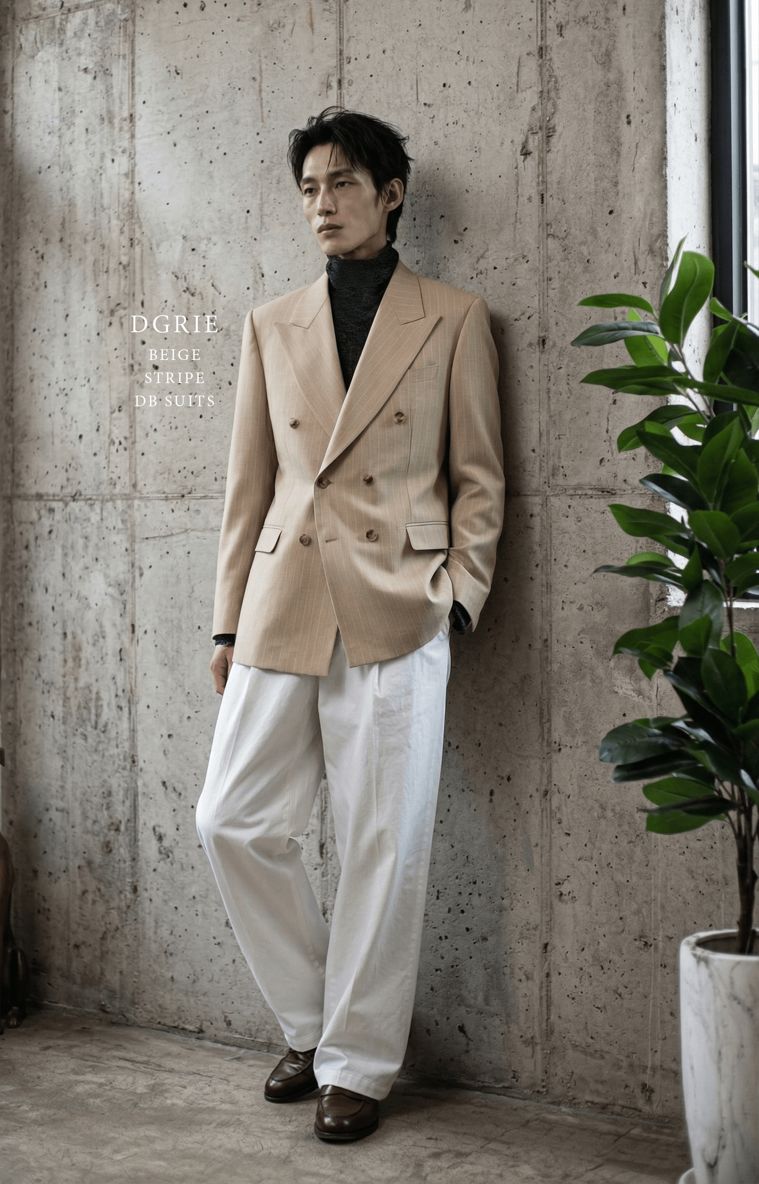 DGRIE Beige Pin Stripe Double-Breasted Suit