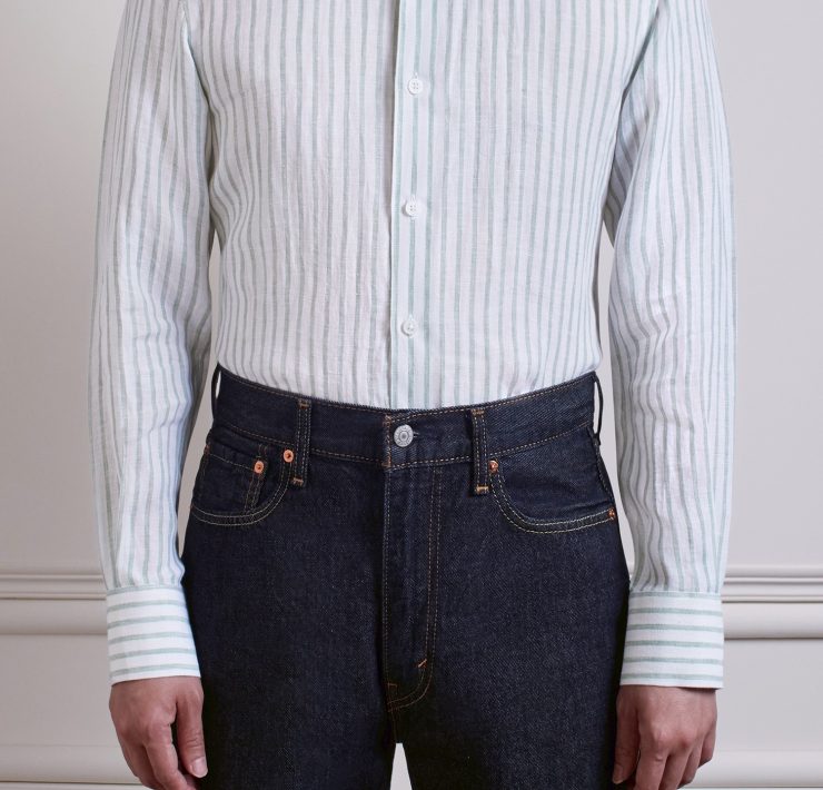 DGRIE Olive Green Poland linen Stipe Button down Shirt