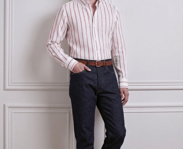 DGRIE - เสื้อเชิ้ต Coral Red Stripe Poland Linen 2.5cm Button-Down Collar Shirt