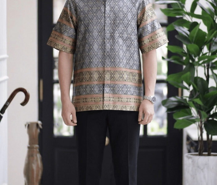 DGRIE Thai Silk Short Grey & Yellow Sleeve Shirt เสื้อเชิ้ตแขนสั้นผ้าไหมทอลายไทย