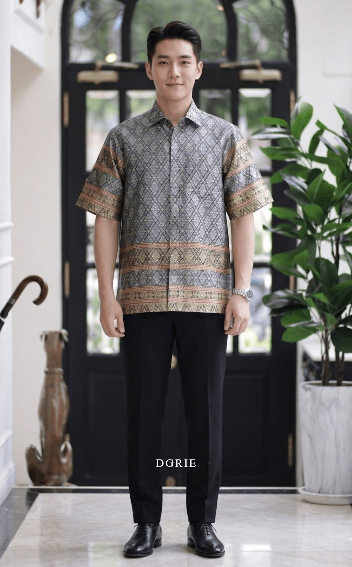 DGRIE Thai Silk Short Grey & Yellow Sleeve Shirt เสื้อเชิ้ตแขนสั้นผ้าไหมทอลายไทย