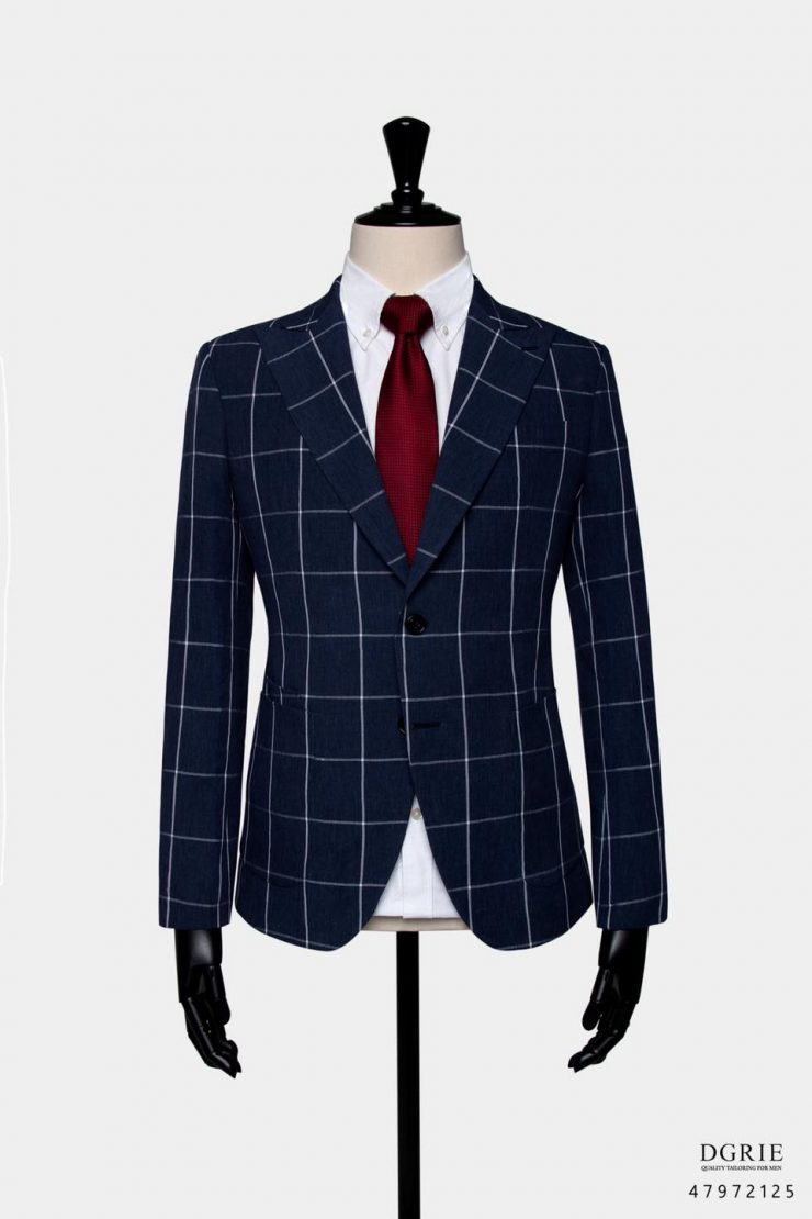 เสื้อสูท ลำลอง ลายตาราง Navy Windowpane Wool Linen Casual Blazer