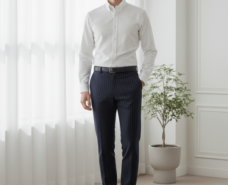 Navy Blue Stripe Dot Blend Wool Pants - DGRIE