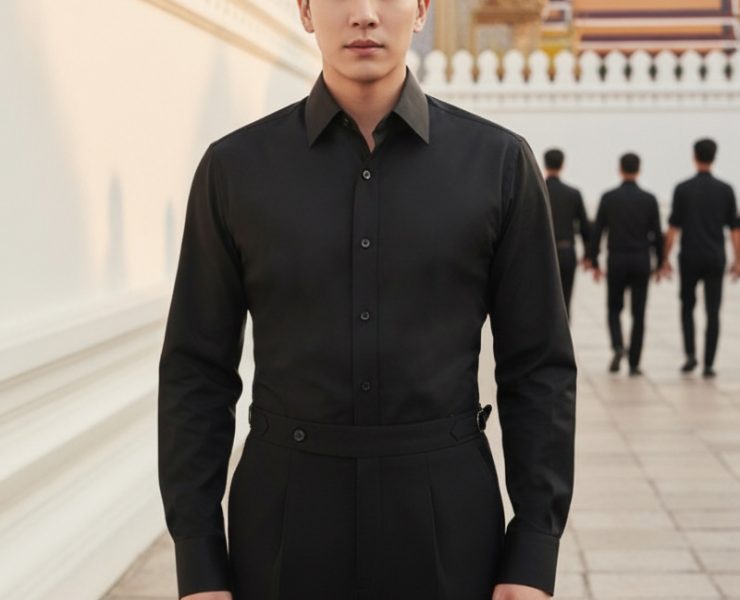 เสื้อเชิ้ตสีดำ - Super Black Cotton MOP Button Spread Collar Shirt