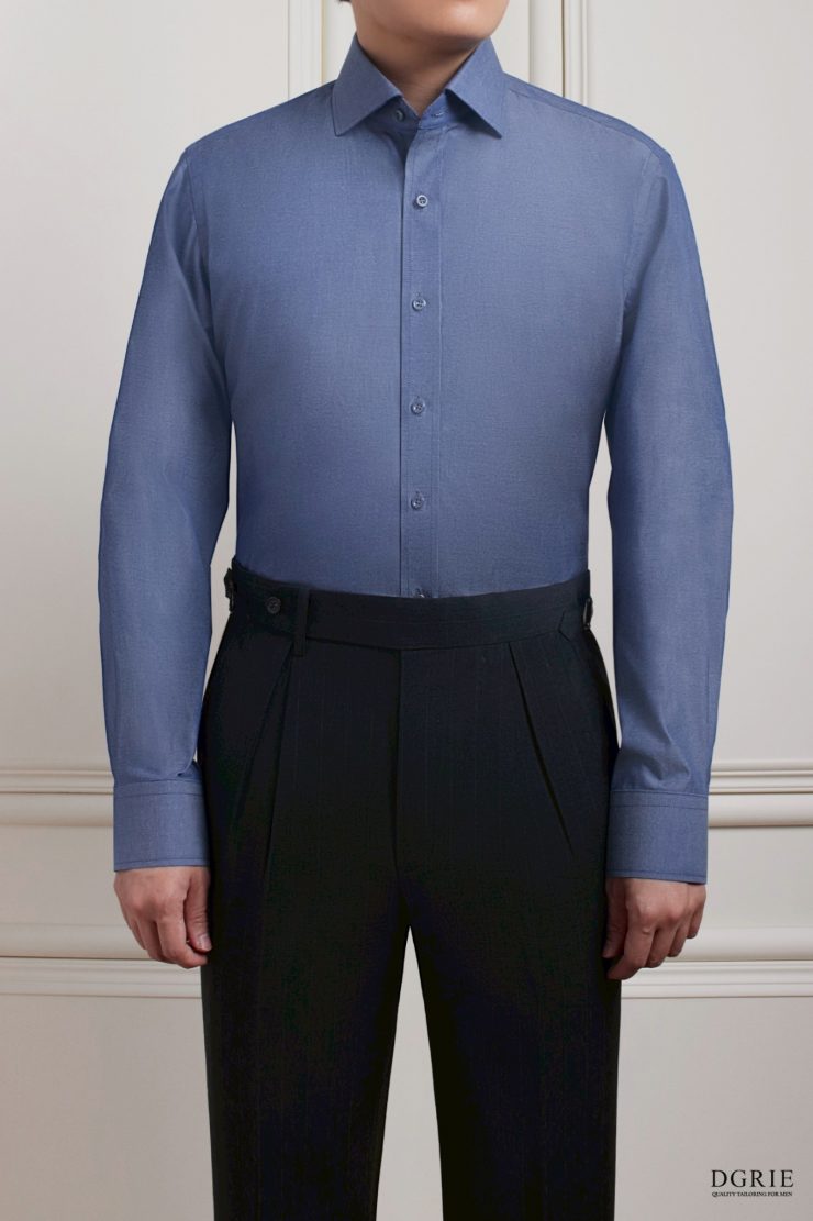 เสื้อเชิ้ตสีฟ้า Indigo Blue Round Spread Collar Oxford Cotton Linen Shirt