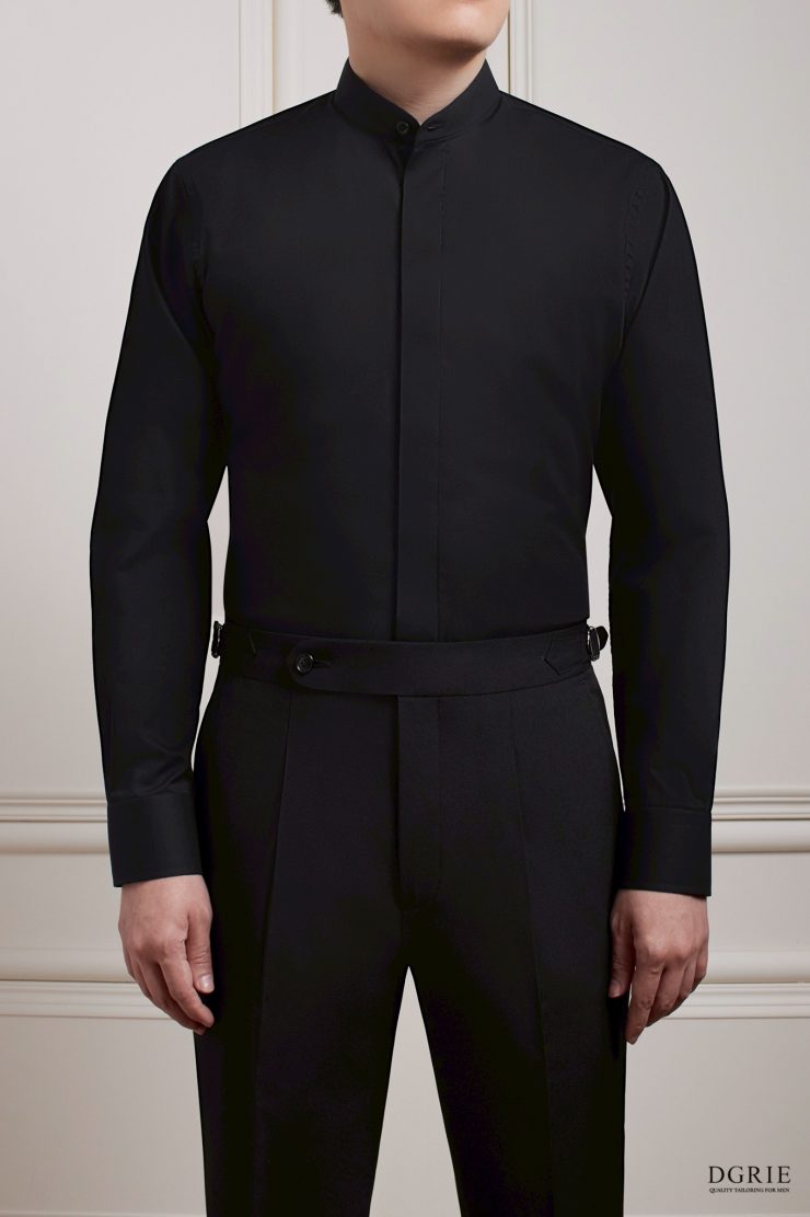 เสื้อเชิ้ตคอจีนสีดำ Noir Black B/N Mandarin Collar Cotton Shirt