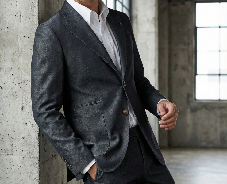 เสื้อสูท Dark Grey Wool&Silk Peak Lapel X Silver Pin Jacket