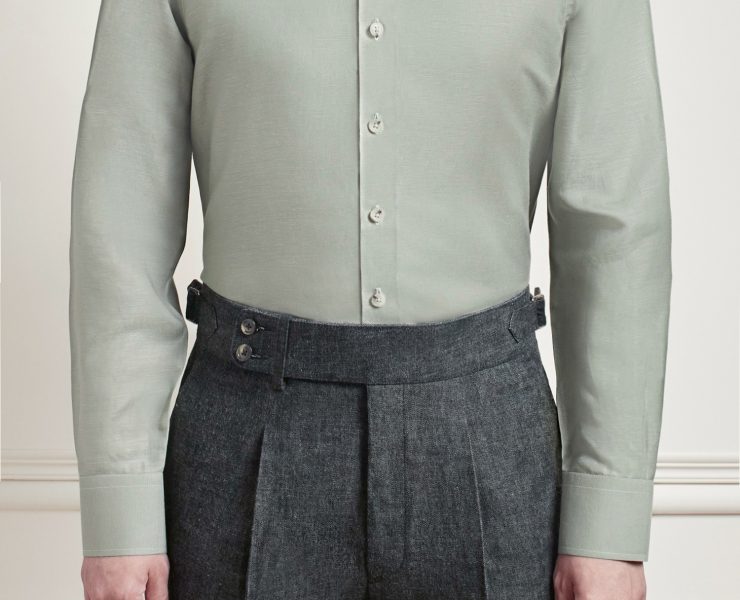 Sage Green Tencel Linen Tortoise Shell Buttons Cutaway Collar Shirt