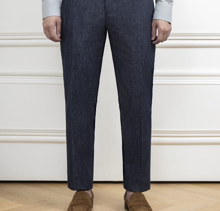 กางเกงสแล็คผ้าเดนิมญี่ปุ่นฟอกนุ่ม The Milano Featherlight Washed Navy Trousers — DGRIE 20 The Milano Featherlight Washed Navy Trousers — DGRIE