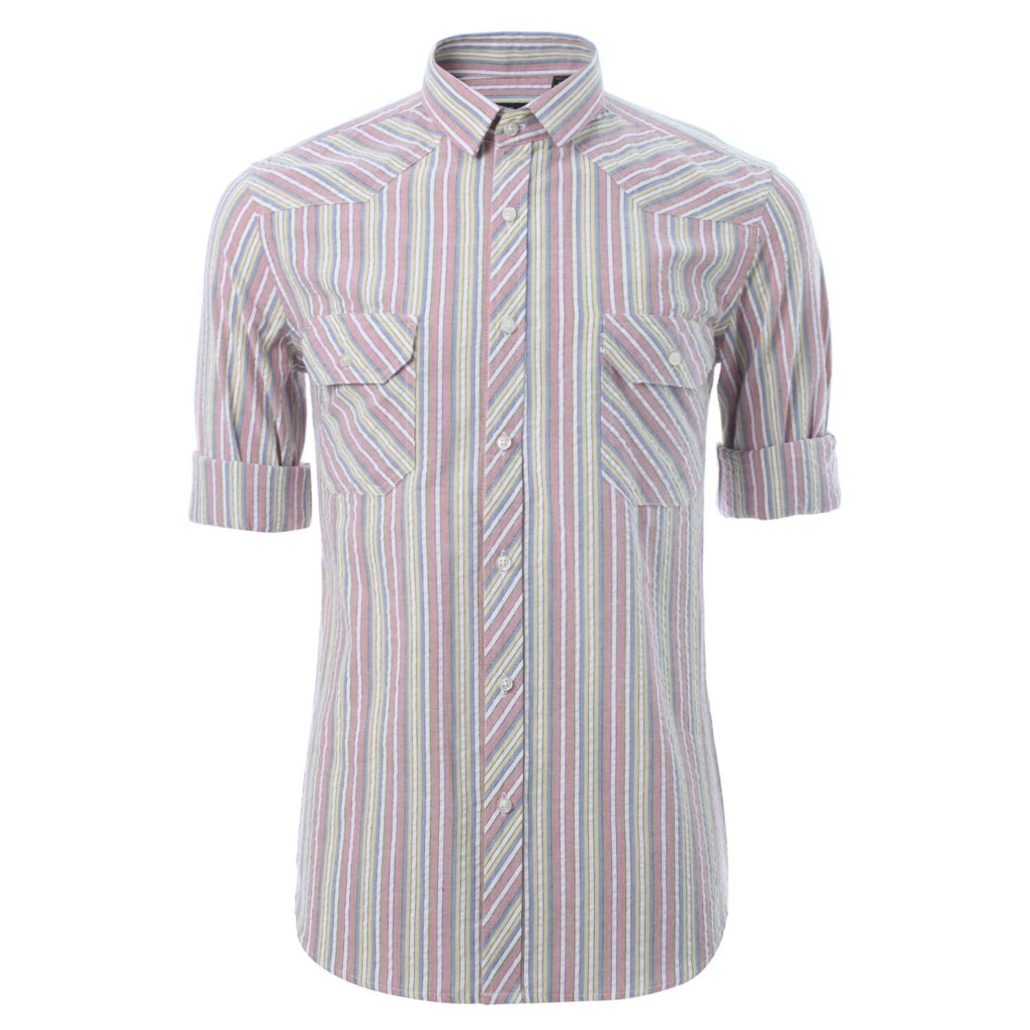 เสื้อเชิ้ตลายทางทอสลับสีแดง