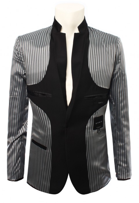 เสื้อสูทสีดำ 150s ซับในลายทาง กระดุมหนึ่งเม็ด