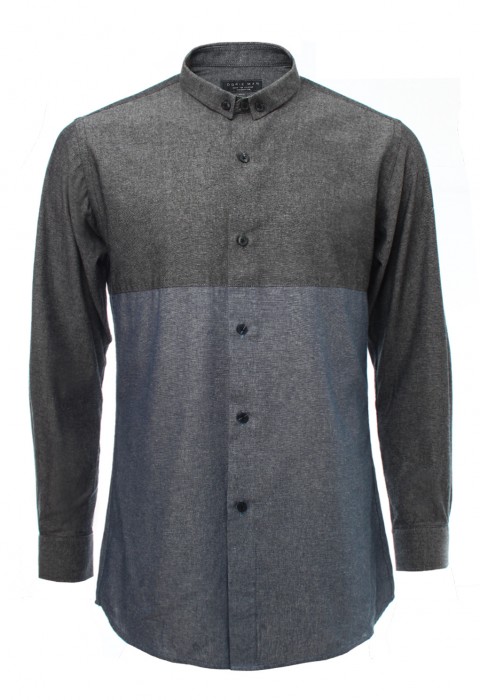 เสื้อเช้ิตยีนส์แขนยาวปกเล็กสีเทาน้ำเงิน