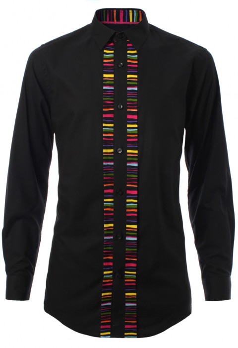 เสื้อเช้ิตสีดำตัดต่อผ้าลายสลับสี