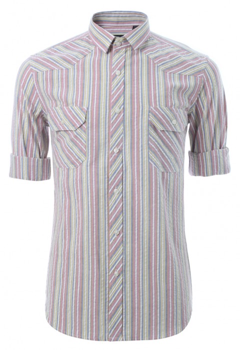 เสื้อเชิ้ตลายทางทอสลับสีแดง