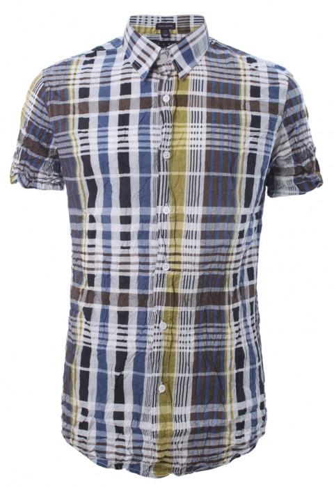 เสื้อเช้ิตแขนสั้นลายตารางสลับสีน้ำเงิน-เหลือง